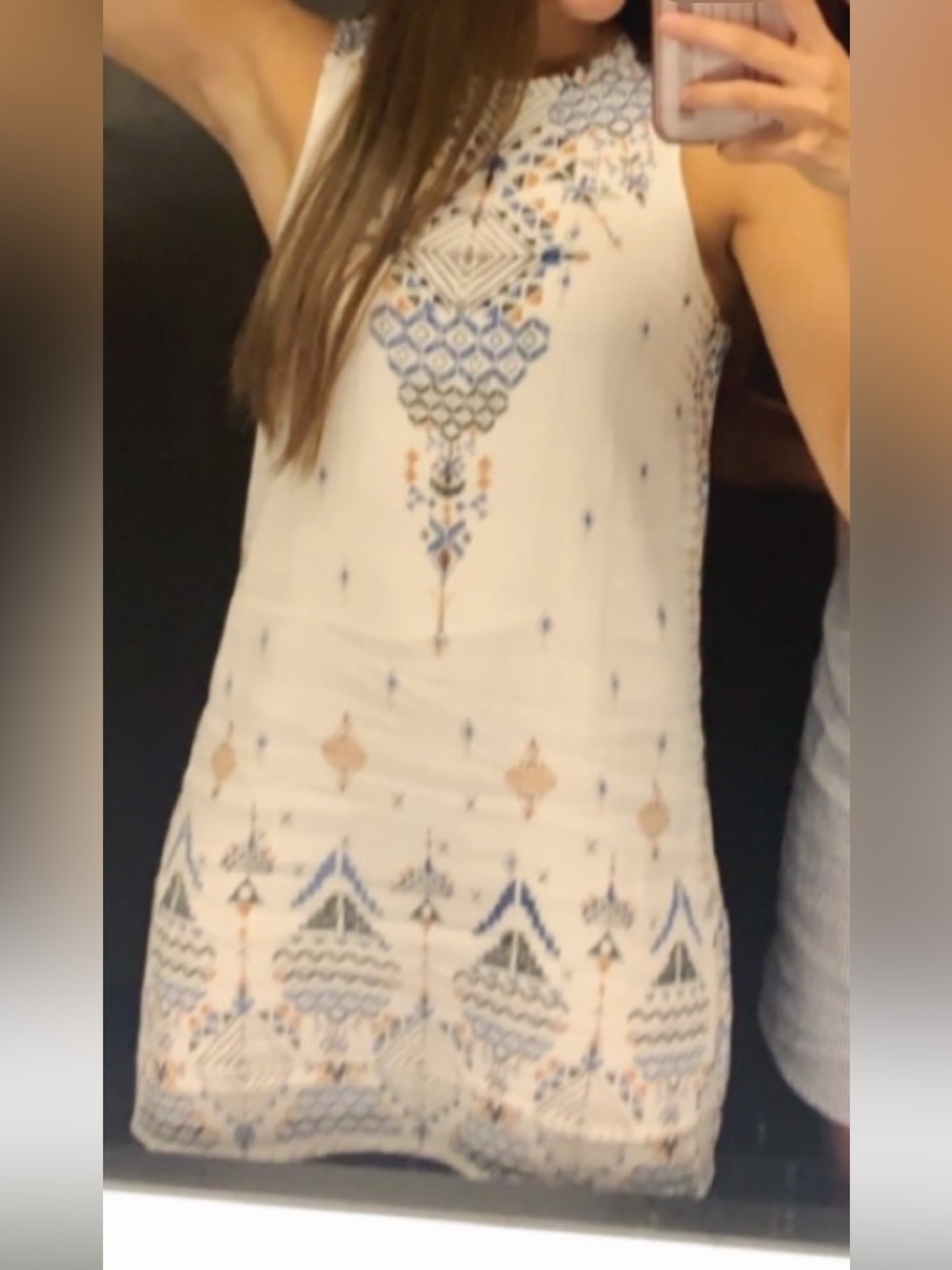 Ecote White Sleeveless Shift Dress with Blue and Gold Print